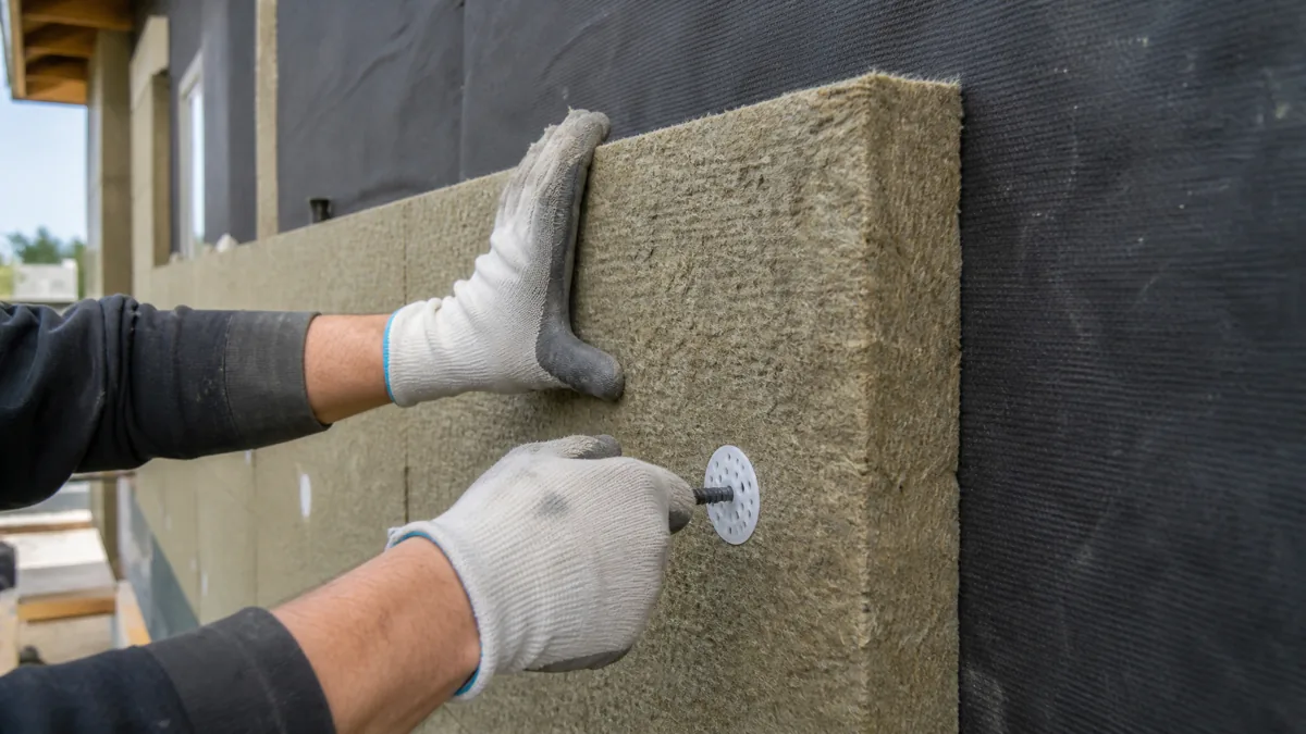 Rigid mineral wool exterior insulation installed over the weather barrier on a Vancouver building