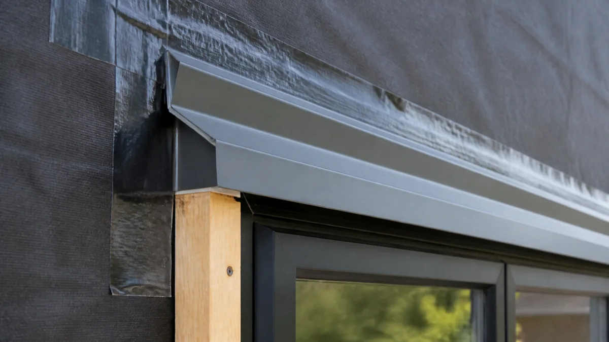 Metal flashing detail integrated with the weather barrier around a window in Vancouver
