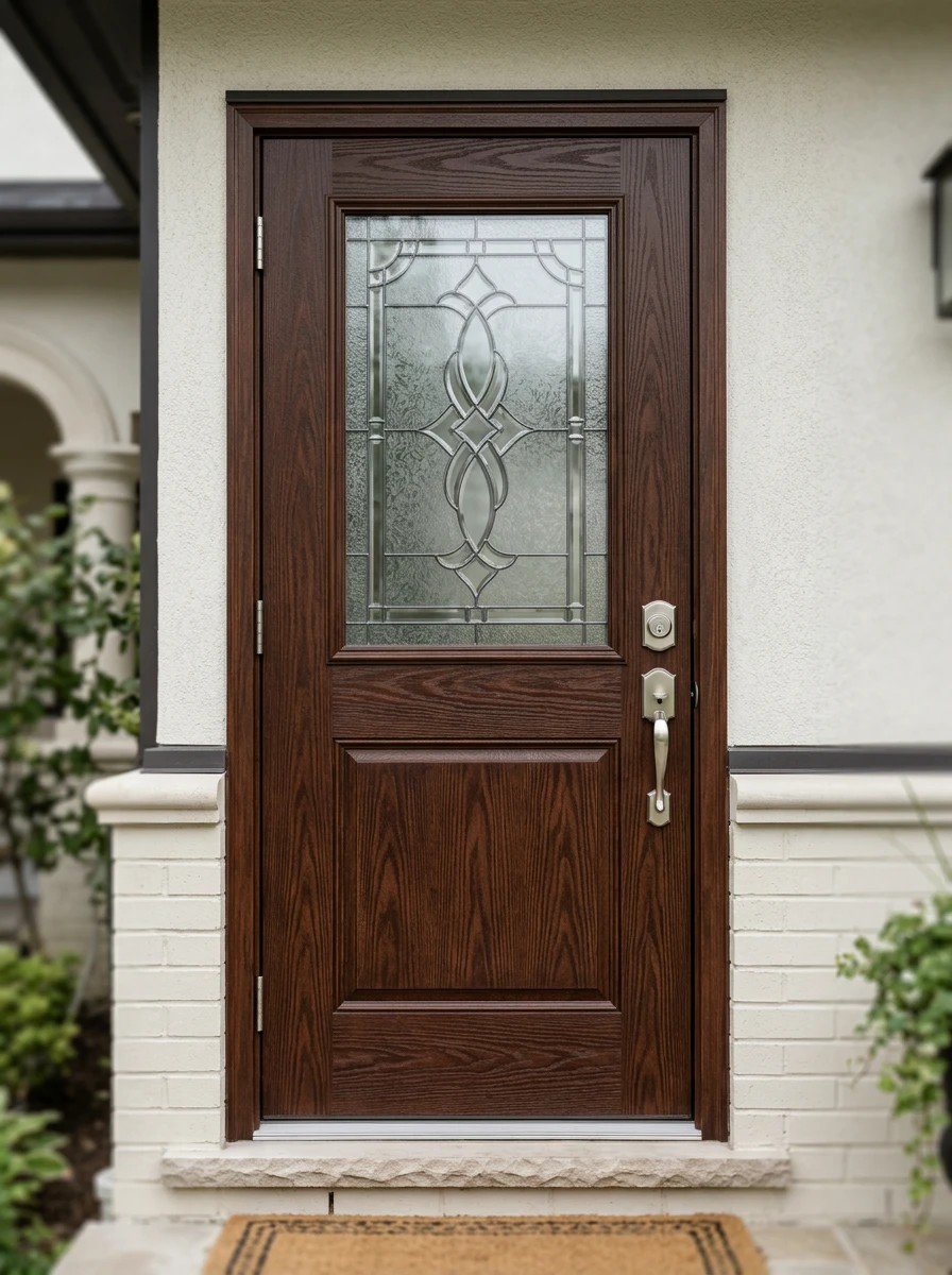 Premium fiberglass entrance door with decorative glass insert and brushed nickel hardware