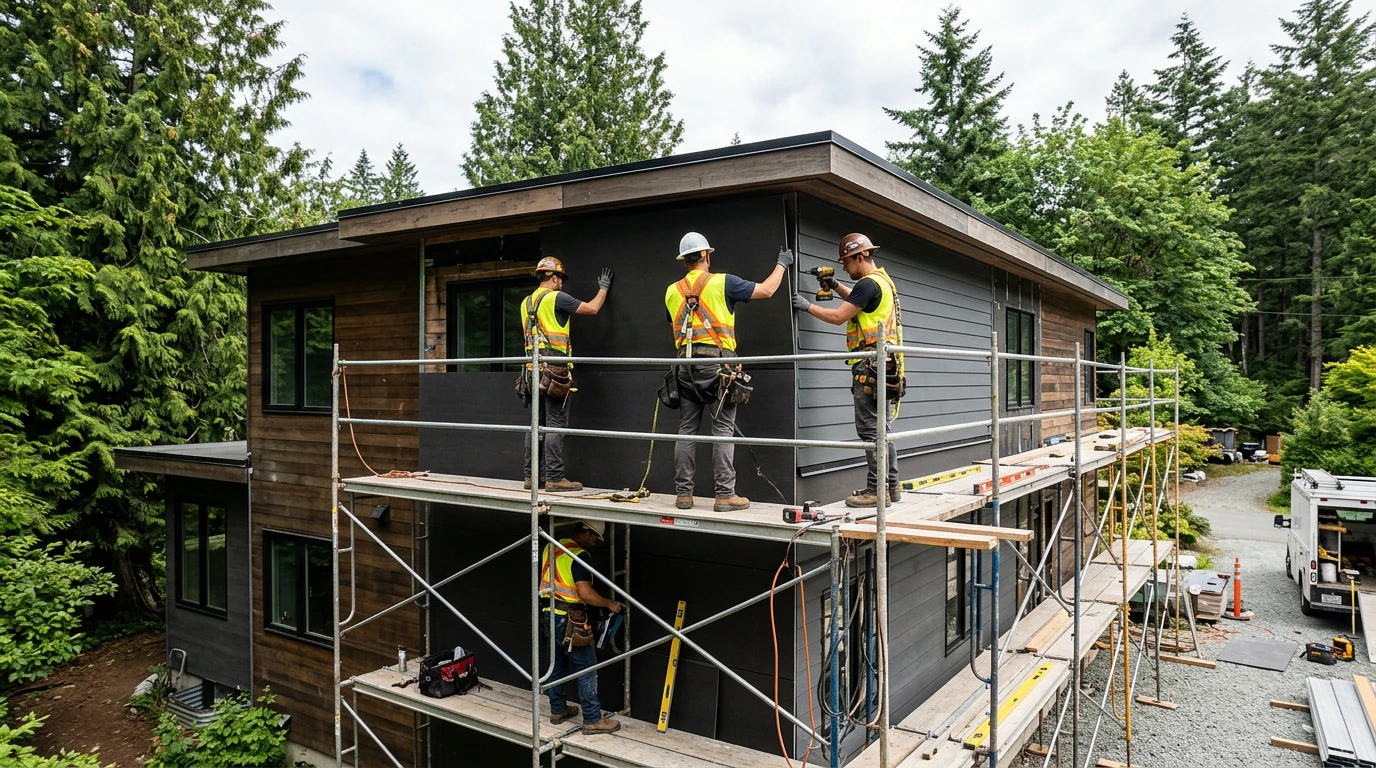 Nixon Exteriors installation team working on a residential window project in Vancouver