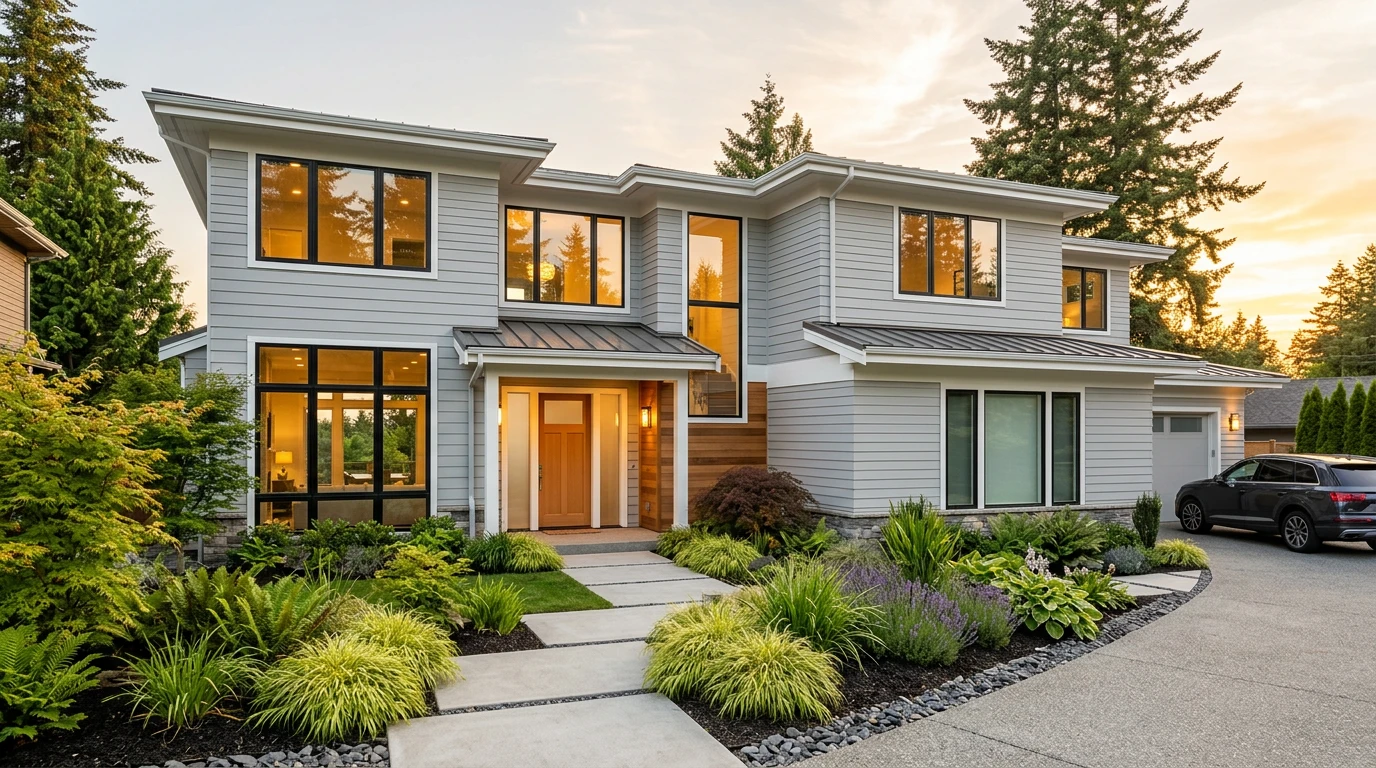 Stunning luxury home with large windows reflecting sunset - Nixon Exteriors installation