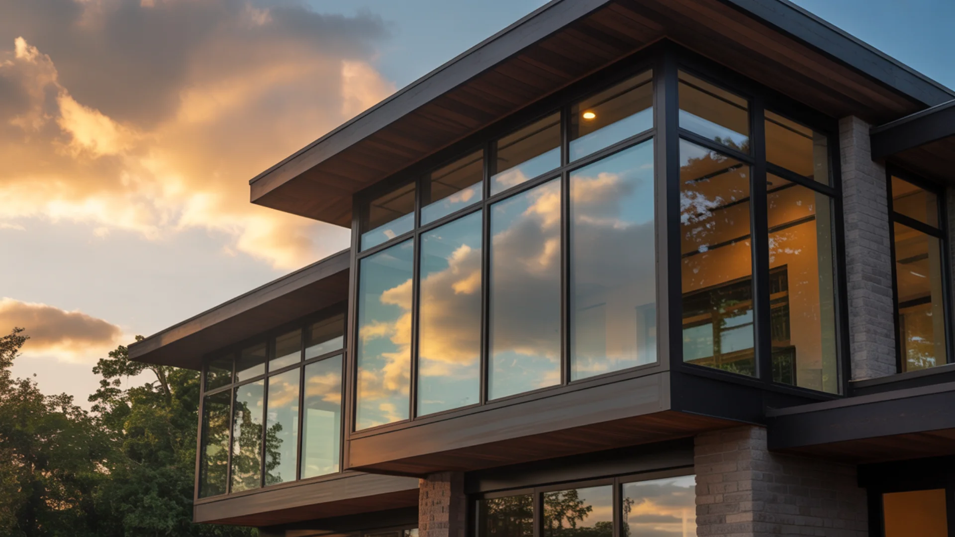 Stunning luxury home with large windows reflecting sunset - Nixon Exteriors installation